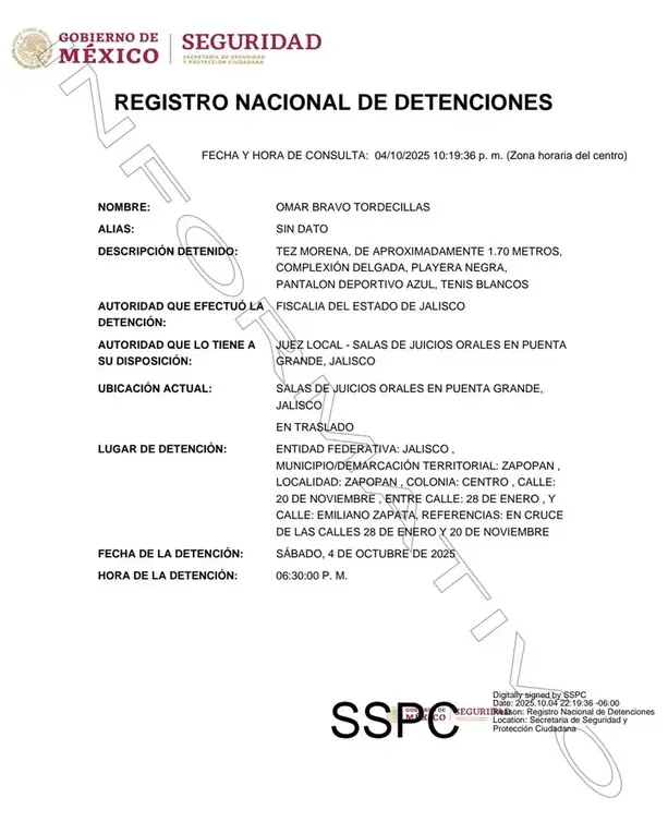 El exjugador fue detenido a las 18:30 horas y posteriormente trasladado al penal de Puente Grande. SSPC.