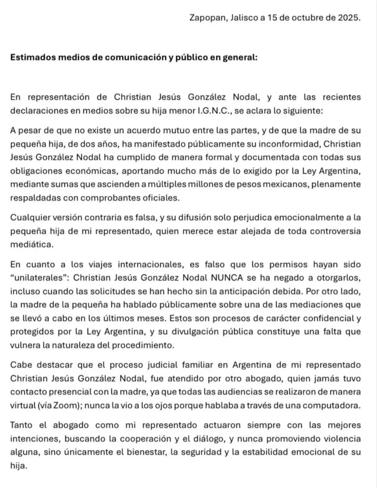 Comunicado del abogado de Nodal Redes sociales