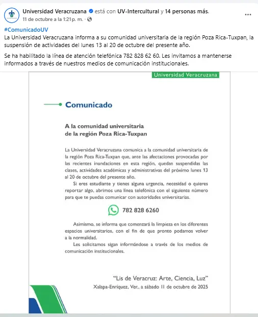 La institución publicó el comunicado de la suspensión de clases durante la madrugada. Facebook.